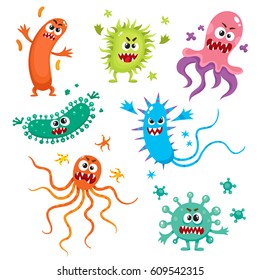 Set of ugly virus, germ and bacteria characters, cartoon vector illustration on white background. 