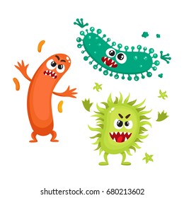 Set of ugly virus, germ and bacteria characters, cartoon vector illustration on white background. Collection of ugly, scary bacteria, virus, germ monsters with human faces and sharp teeth
