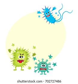 Set of ugly virus, germ and bacteria characters, cartoon vector illustration with space for text. Collection of ugly, scary bacteria, virus, germ monsters with human faces and sharp teeth