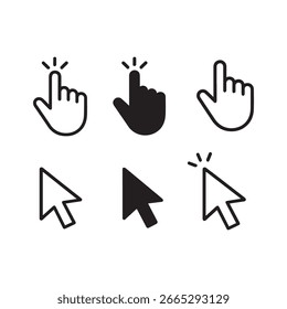 Set of UI cursor icons: hand pointers and arrow cursors in flat, outline, and filled styles, with click and tap gestures. Black and white, minimal vector on white background
