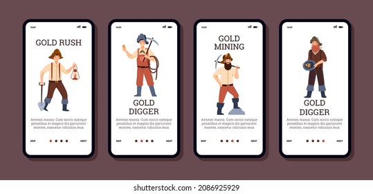 Set of UI designs for vintage gold mining industry - flat vector illustration on white. Men with digging tools - pickaxe, lantern, shovel and pan. Concept of gold rush.