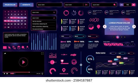 Set of UI elements for AI: buttons, panels, sliders, icons and other components. Futuristic cyber design in neon colors is perfect for apps, websites and dashboards.
