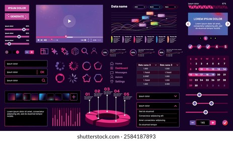 Set of UI elements for AI: buttons, panels, sliders, icons and other components. Futuristic cyber design in neon colors is perfect for apps, websites and dashboards.