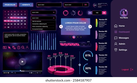 Set of UI elements for AI: buttons, panels, sliders, icons and other components. Futuristic cyber design in neon colors is perfect for apps, websites and dashboards.