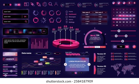 Set of UI elements for AI: buttons, panels, sliders, icons and other components. Futuristic cyber design in neon colors is perfect for apps, websites and dashboards.
