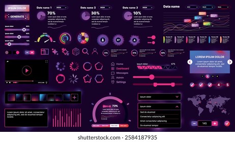 Set of UI elements for AI: buttons, panels, sliders, icons and other components. Futuristic cyber design in neon colors is perfect for apps, websites and dashboards.