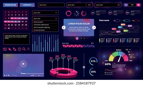 Set of UI elements for AI: buttons, panels, sliders, icons and other components. Futuristic cyber design in neon colors is perfect for apps, websites and dashboards.