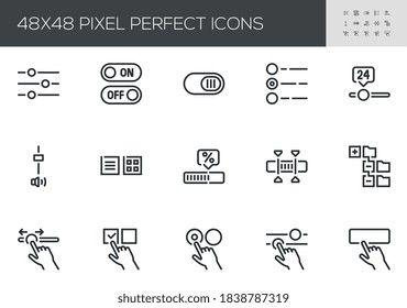 Conjunto de iconos de línea de vectores de elementos de la interfaz de usuario. Elementos de interfaz de usuario para sitios web y aplicaciones móviles. Casilla de verificación, deslizador, botón. Stroke editable. 48x48 Pixel Perfecto.