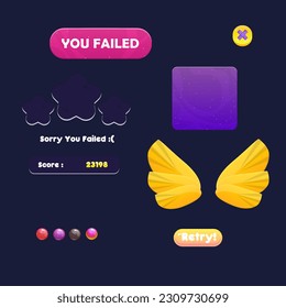 Set Of UI For Game You Failed Pop Up Window With Abstract Background Night Sky Space Planets With Stars And Fog Pink Purple Orange Yellow Red  Vector Design