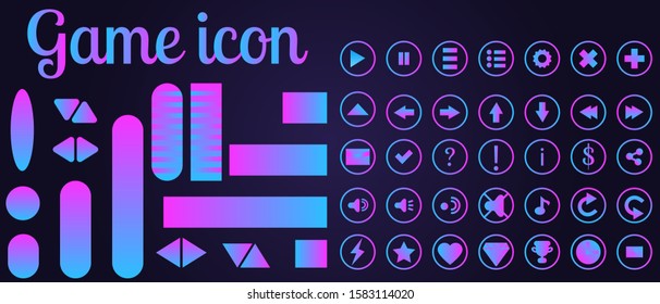 Set of ui icons and gui buttons for 2D game, app, video menu and interface, pink and blue with rounded and right angle vector illustration