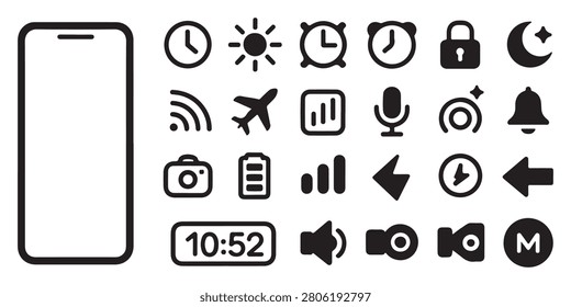 Set of UI icons showing time settings light modes network connectivity microphone audio and camera options.