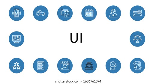 Set of ui icons. Such as Music player, Car, Clipboard, Calendar, Placeholder, Measure tape, Stars, List, Appointment, Alarm, Smartphone, Home, Trophy , ui icons