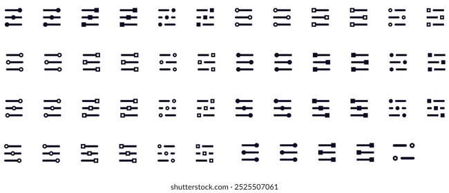 Set of UI Menu Line Icons. Editable Stroke Tiles, squares, arrows, lists, application buttons, alignment, slider, slide, scrolling. Mix patterns menu vector illustrations.