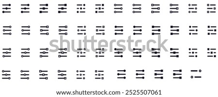 Set of UI Menu Line Icons. Editable Stroke Tiles, squares, arrows, lists, application buttons, alignment, slider, slide, scrolling. Mix patterns menu vector illustrations.