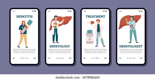 Set of UI and mobile app onboarding screens for medical clinic, health insurance or doctor appointment - flat vector illustration. Woman with vacutainer, man with pill and liver.