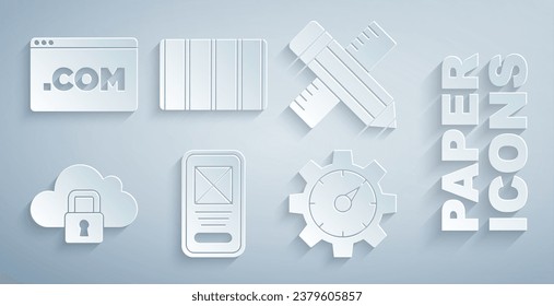 Set UI or UX design, Crossed ruler and pencil, Cloud computing lock, Website statistic, Color palette guide and  icon. Vector