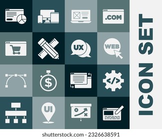 Set UI or UX design, Front end development, Web and graphic, Crossed ruler pencil, Online shopping screen, Website statistic and  icon. Vector
