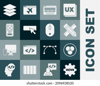 Set UI or UX design, RGB and CMYK color mixing, Crossed ruler pencil, Layers and Computer mouse icon. Vector
