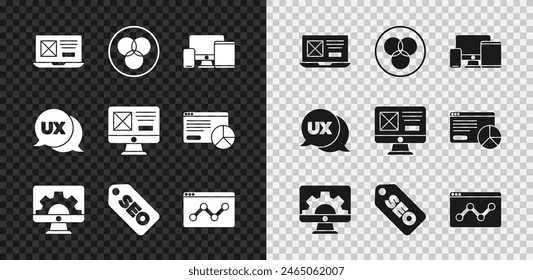 Set UI or UX design, RGB and CMYK color mixing, Monitor, mobile, tablet, Web development, SEO optimization, Website statistic,  and  icon. Vector