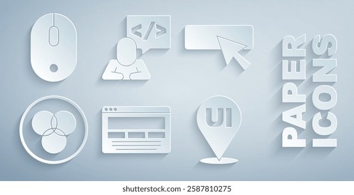 Set UI or UX design, RGB and CMYK color mixing, Front end development and Computer mouse icon. Vector