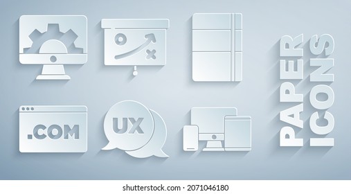 Set UI or UX design, Sketchbook album, Monitor, mobile, tablet, Planning strategy concept and Web development icon. Vector
