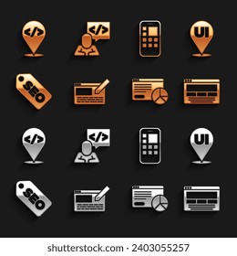 Establecer diseño de interfaz de usuario o UX, estadísticas de sitios web, optimización de SEO, aplicaciones móviles, desarrollo de front-end e icono. Vector