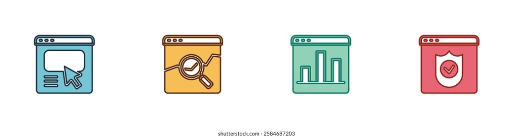 Set UI or UX design, Website with stocks market, Graph chart infographic and Browser shield icon. Vector