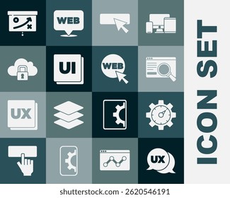 Diseño de UI o UX, estadística de Sitio web, bloqueo de computación en la nube, concepto de estrategia de planificación e ícono gráfico. Vector