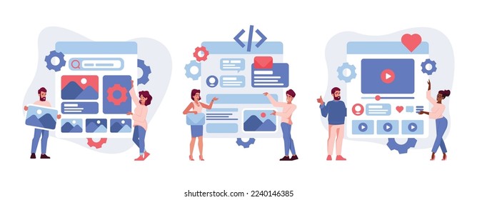 Set Ui Ux Designer Characters Develop Website Interface, Creating Content Layout With Visual Elements. Tiny People Making Landing Page for App Isolated On White Background. Cartoon Vector Illustration