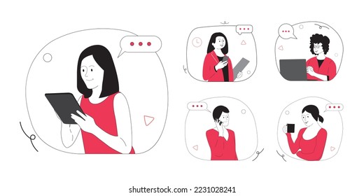 Set of UI and UX designers to create functional web interface designs for websites and mobile apps. Flat vector illustration in white and red