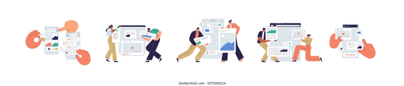 Set of UI and UX designers creating functional web interface design for websites and mobile apps. Digital wireframing process concept. Colored flat vector illustration isolated on white background