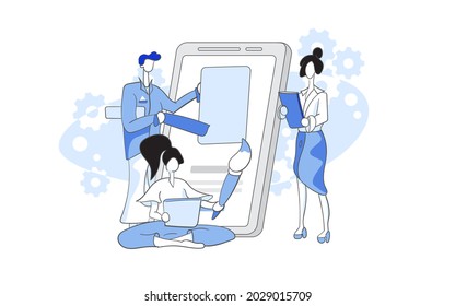 Set of UI and UX designers creating functional web interface design for websites and mobile apps. Digital wireframing process concept. Colored flat vector illustration isolated on white background