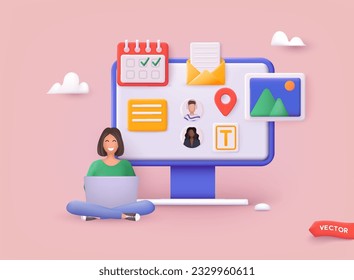 Set of UI and UX designers creating functional web interface design for websites and mobile apps. Digital wireframing process concept. 3D Web Vector Illustration.