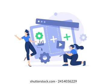 Conjunto de diseñadores UI y UX que crean un diseño funcional de interfaz web para sitios web y aplicaciones móviles,Icono de diseño plano ilustración vectorial