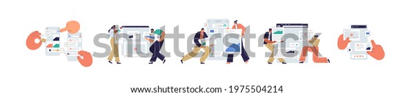 Set of UI and UX designers creating functional\
web interface design for websites and mobile apps. Digital\
wireframing process concept. Colored flat vector illustration\
isolated on white\
background