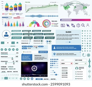A set of UI UX elements for financial applications and platforms: buttons, panels, charts, calendars, and navigation elements in a modern design with an emphasis on analytics and control.