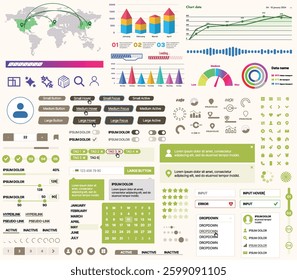 A set of UI UX elements for financial applications and platforms: buttons, panels, charts, calendars, and navigation elements in a modern design with an emphasis on analytics and control.