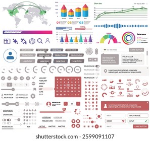 A set of UI UX elements for financial applications and platforms: buttons, panels, charts, calendars, and navigation elements in a modern design with an emphasis on analytics and control.