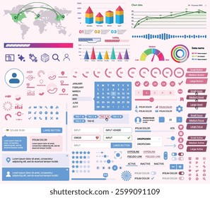 A set of UI UX elements for financial applications and platforms: buttons, panels, charts, calendars, and navigation elements in a modern design with an emphasis on analytics and control.