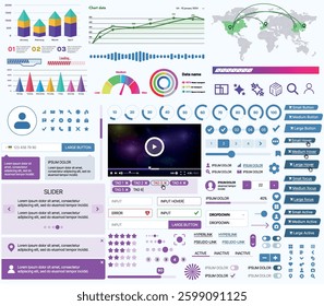 A set of UI UX elements for financial applications and platforms: buttons, panels, charts, calendars, and navigation elements in a modern design with an emphasis on analytics and control.