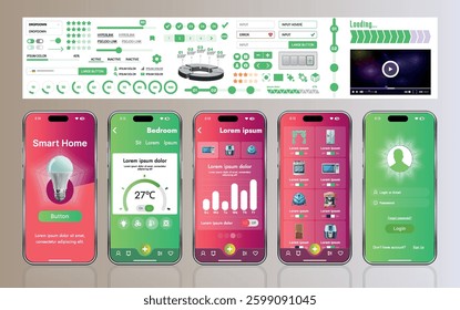 A set of UI UX elements for smart home management mobile apps: an interface with buttons, panels, graphs, and navigation for monitoring and controlling automation systems.