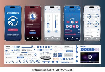 A set of UI UX elements for smart home management mobile apps: an interface with buttons, panels, graphs, and navigation for monitoring and controlling automation systems.