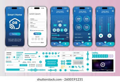 A set of UI UX elements for smart home management mobile apps: an interface with buttons, panels, graphs, and navigation for monitoring and controlling automation systems.