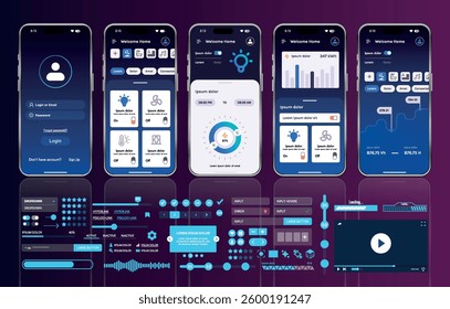 A set of UI UX elements for smart home management mobile apps: an interface with buttons, panels, graphs, and navigation for monitoring and controlling automation systems.