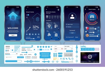 A set of UI UX elements for smart home management mobile apps: an interface with buttons, panels, graphs, and navigation for monitoring and controlling automation systems.