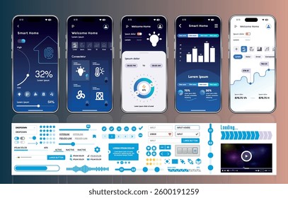 A set of UI UX elements for smart home management mobile apps: an interface with buttons, panels, graphs, and navigation for monitoring and controlling automation systems.