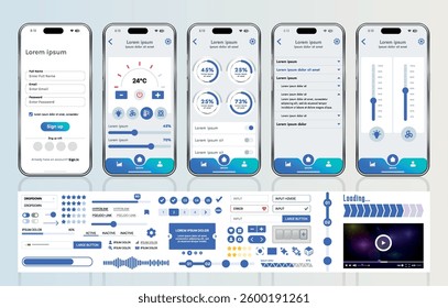 A set of UI UX elements for smart home management mobile apps: an interface with buttons, panels, graphs, and navigation for monitoring and controlling automation systems.