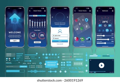 A set of UI UX elements for smart home management mobile apps: an interface with buttons, panels, graphs, and navigation for monitoring and controlling automation systems.