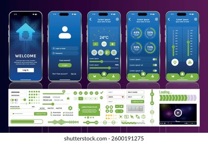 A set of UI UX elements for smart home management mobile apps: an interface with buttons, panels, graphs, and navigation for monitoring and controlling automation systems.