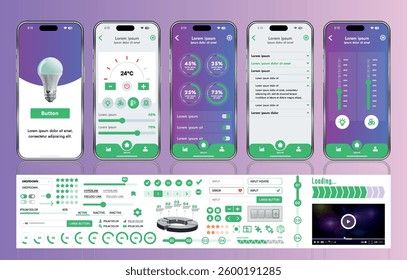 A set of UI UX elements for smart home management mobile apps: an interface with buttons, panels, graphs, and navigation for monitoring and controlling automation systems.